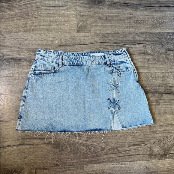 Zara Dresses & Skirts - Zara Light Blue Denim Mini Skirt with Side Lace-Up